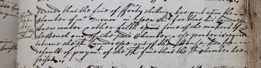 Order of Parliament for a fine to be issued to Mr Turnor due to his laundress throwing water and filth on Masters of the Bench from his chamber window, 14 June 1689 (MT/1/MPA/6)