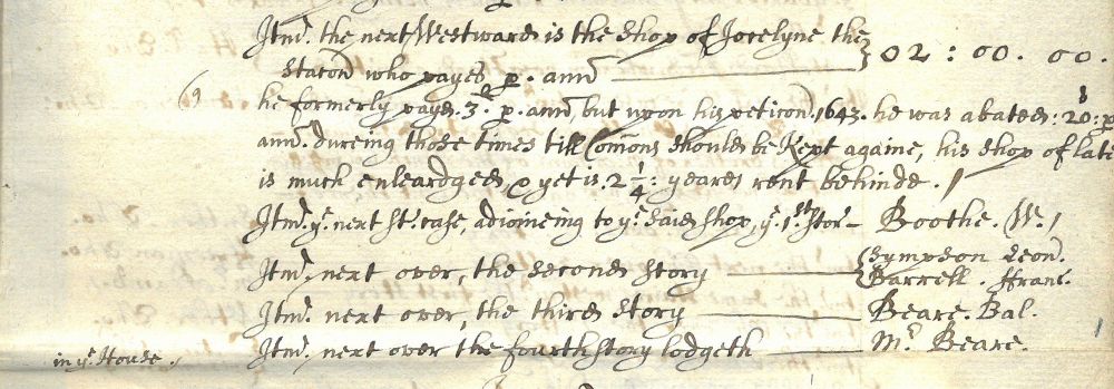 Balthazar Beare in survey of the Middle Temple’s shops and chambers, Michaelmas 1649 (MT/5/CSL/1)