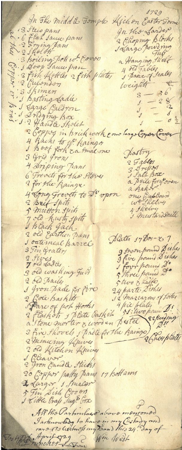 Inventory of all utensils in the possession of William West, Chief Cook, 24 April 1729 (MT/8/SMP/50)