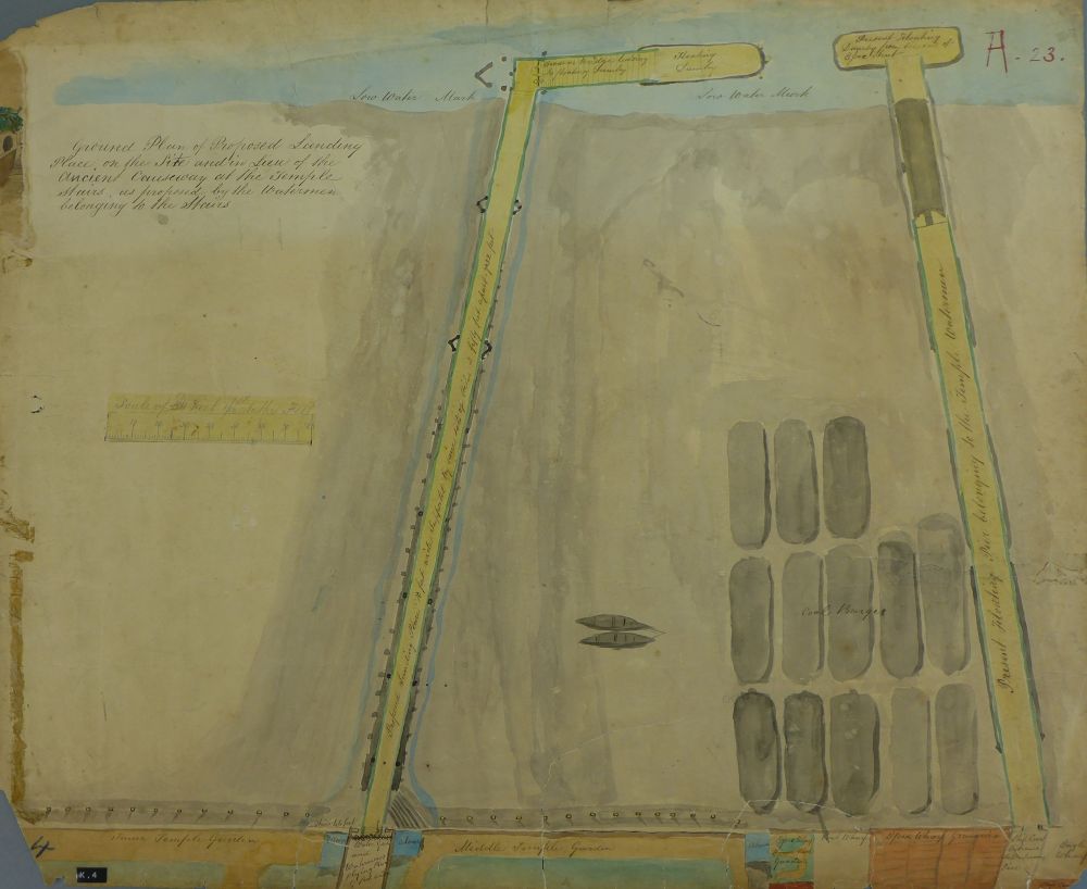 Ground plan of a landing place proposed by watermen with drain water flowing into the Thames from either side of Temple Stairs, c.1772 (Plan/3/A/6)