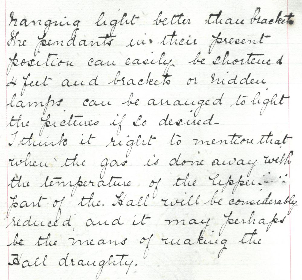 Paper produced prior to the installation of the electric light referring to decreased levels of heat at the top of the Hall, 1894 (MT/6/RBW/206)