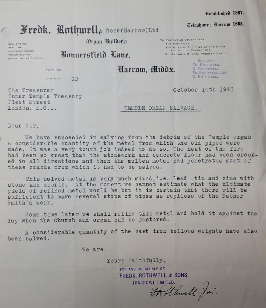 Letter from Frederick Rothwell & Sons regarding the salvage of metalwork from Temple Church’s destroyed organ, 14 October 1941 (MT/15/FIL/20)