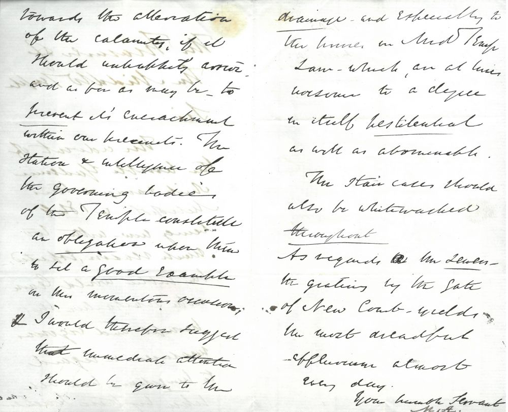 Letter from ‘M.A.’ regarding sanitation measures the Middle Temple could implement to prevent an outbreak of cholera, 1 September 1851 (MT/1/PPA/2404b)