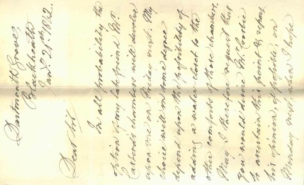 Letter from H. Legge stating that the choice of him taking on his late friend’s chamber depended on a water closet being added, 21 January 1842 (MT/1/LIN)