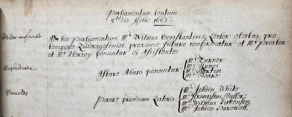 Record of the appointment of Balthazar Beare as one of four cupboardmen for the Reader’s Feast, 5 February 1664 (MT/1/MPA/6)