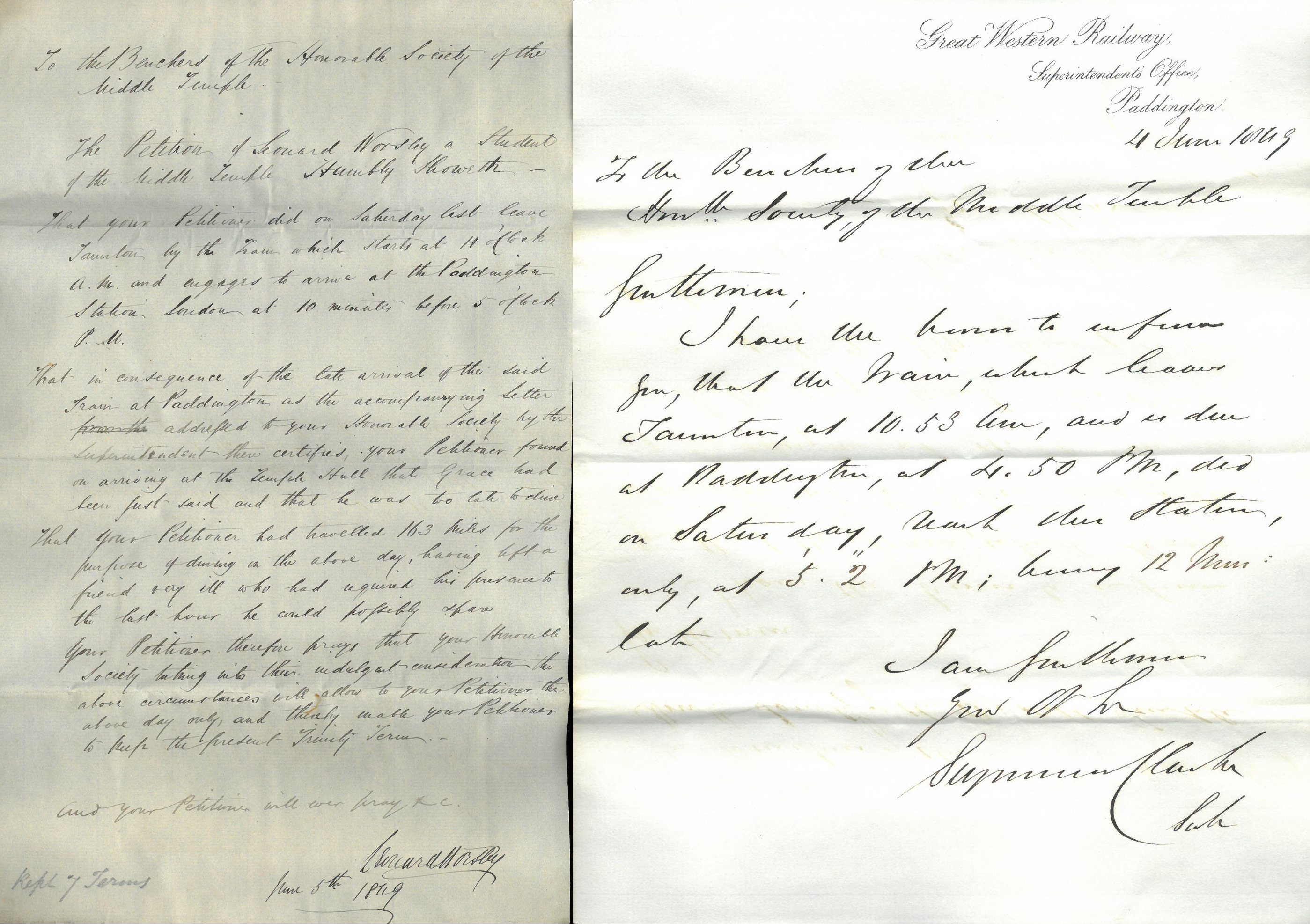 Petition from Leonard Worsley and note from Superintendent