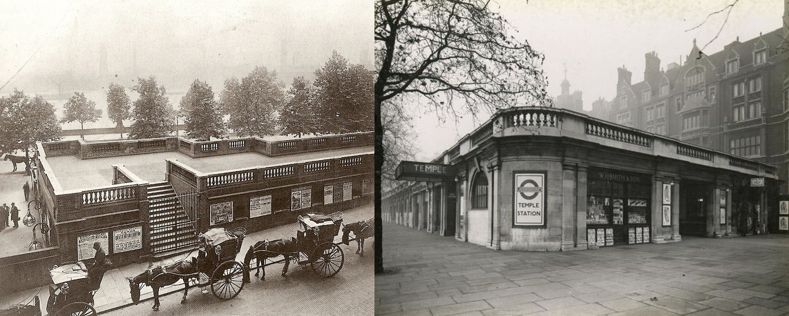 Temple Tube Station in 1899 and 1936.